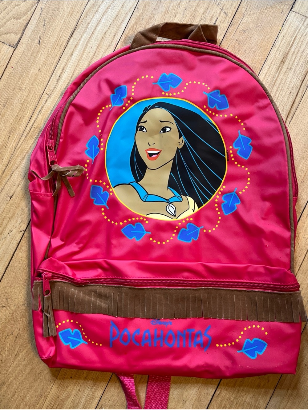 Vintage 90s NEW RARE Pocahontas Pink backpack with felt fringe and handle 15x12”